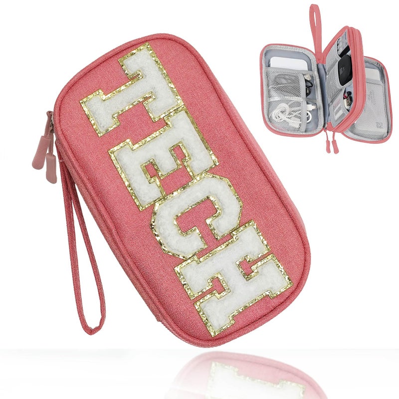 COSHAYSOO Electronic Accessories Organizer Bag Cable Cord Charger Carrying Pouch with Preppy Chenille Letter Patch TECH  Business Travel Gadget Small Storage Case Essential for Women Teen Girl (Pink) - Image 1